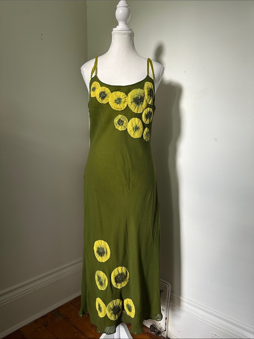 YOANA BARASCHI Vintage Green 100% Silk Beaded Floral Fairy Whimsical Dress Large
